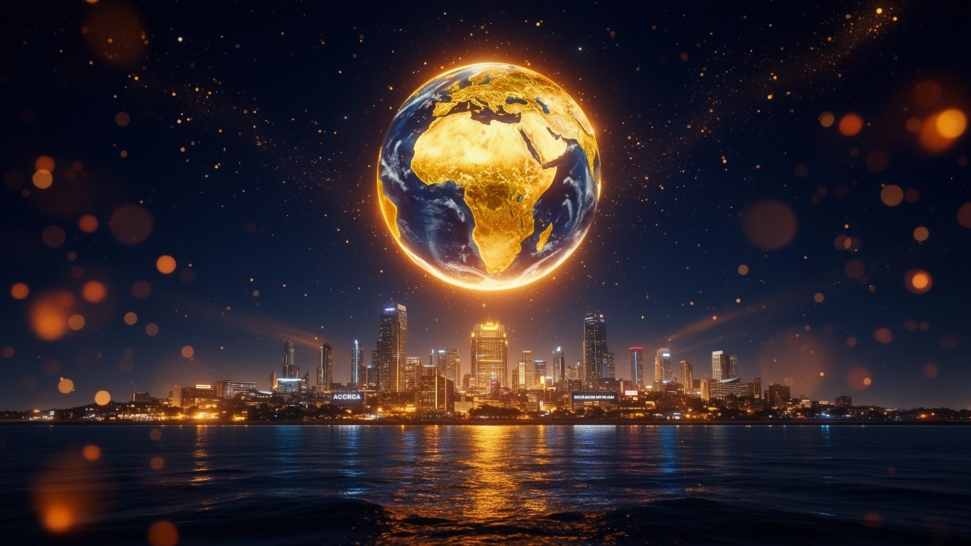 Africa-centered globe over Accra skyline